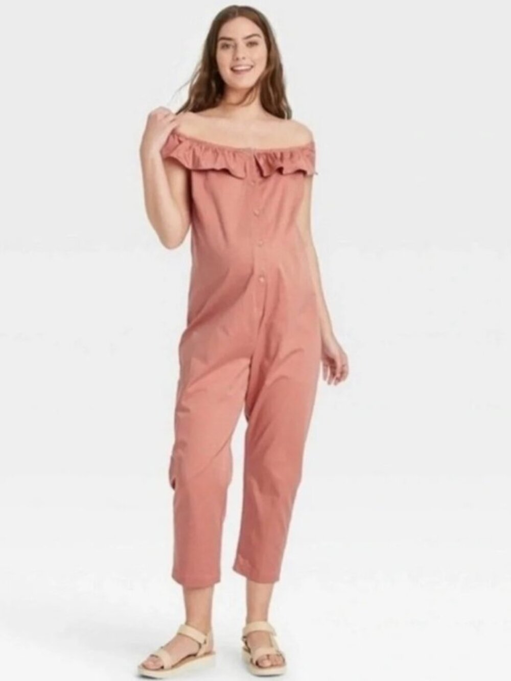 The Nines by Hatch Pink Maternity Jumpsuit Button Front Ruffle